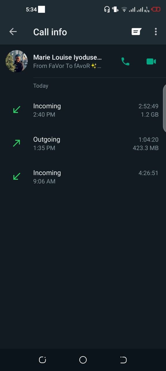 Call log showing three video calls totalling almost nine hours
